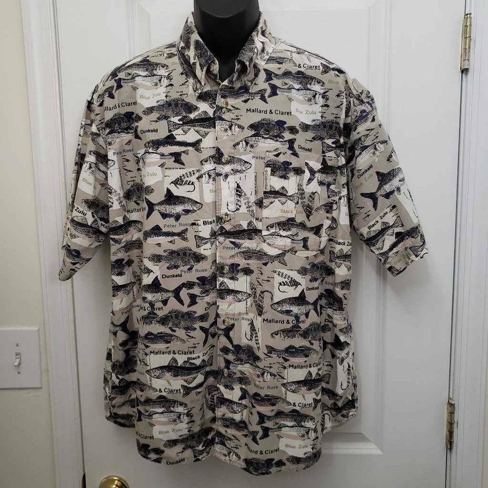 Columbia Mens‎ Oxford Shirt Multicolor Fish Print Short Sleeve Pocket Cotton L